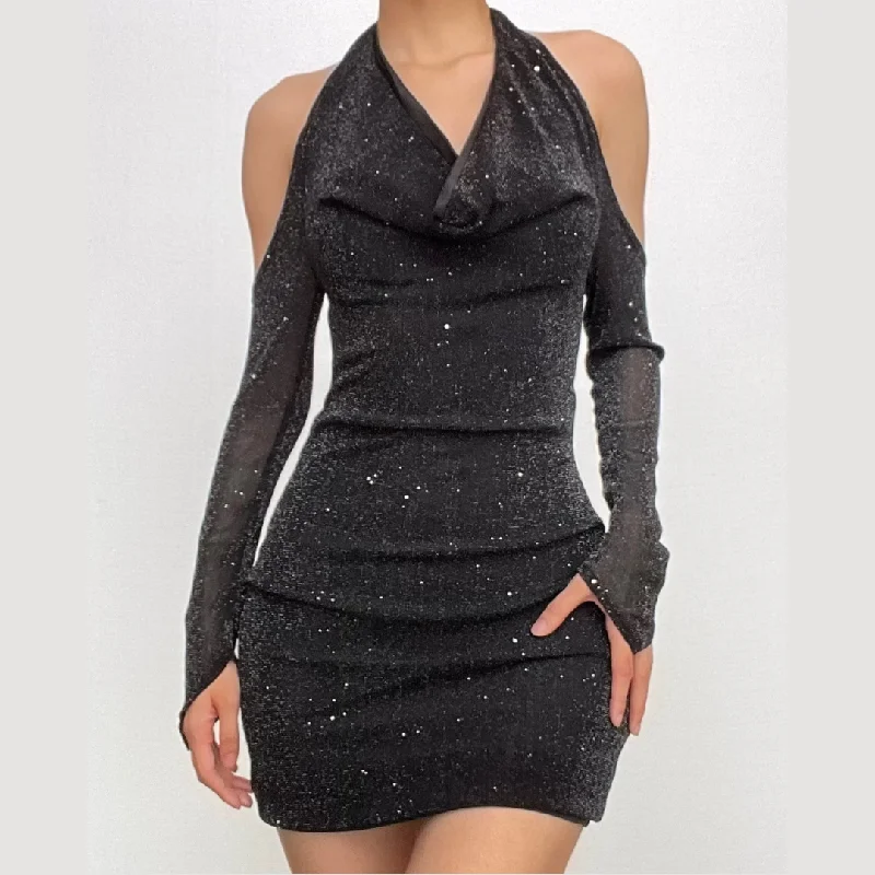 Long sleeve off shoulder halter cowl neck glitter mesh mini dress Cozy Sweater Mini Dress