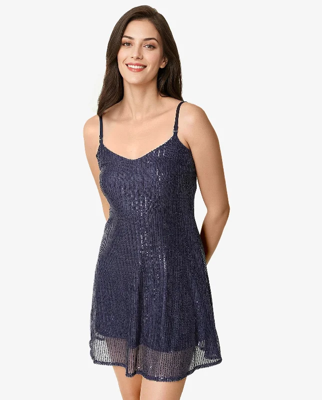 Rareism Women Lovez Dark Blue V Neck Detachable Shoulder Pearl Straps Sequin Party Mini Dress Cozy Cowl Neck Mini Dress