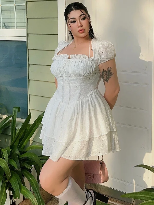 Mariposa Solid Color White Plus Size Square Neck Short Puffed Sleeve Double Layered Pleated Mini Dress Stylish Summer Mini Dress Mariposa Solid Color White Plus Size Square Neck Short Puffed Sleeve Double Layered Pleated Mini Dress Stylish Summer Mini Dress