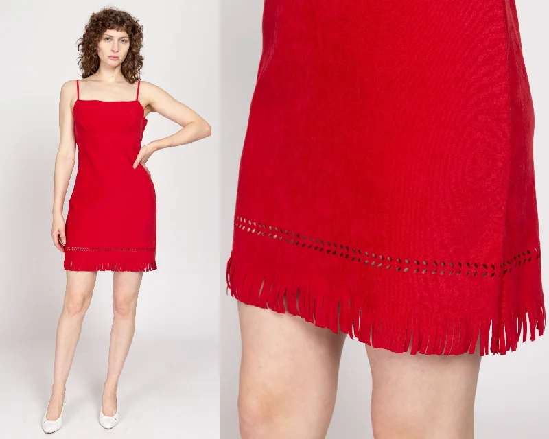 Med-Lrg 90s Red Fringe Ultrasuede Mini Dress Elegant Floral-Print Mini Dress