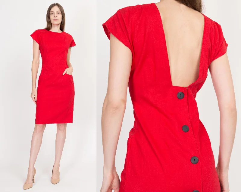 Medium 80s Red Linen Low Back Mini Dress Trendy Mini Dress with Belt