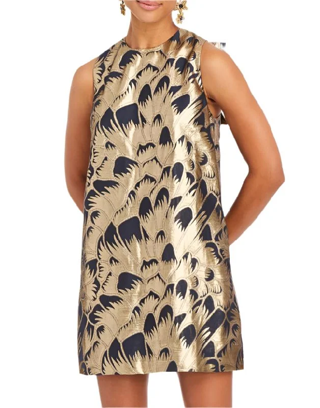 Mia Mini Dress in Navy Gold Jacquard Classic Floral Print Mini Dress