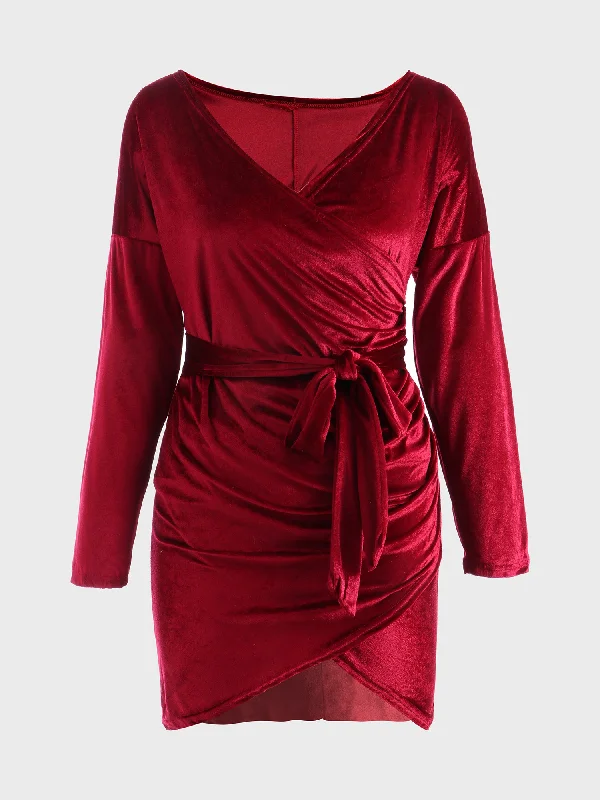 Midsize Lush Velvet Deep-V Mini Dress Stylish Ribbed Mini Dress
