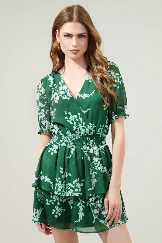 Monterey Floral Amina Surplice Ruffle Mini Dress Trendy Mini Dress with Belt