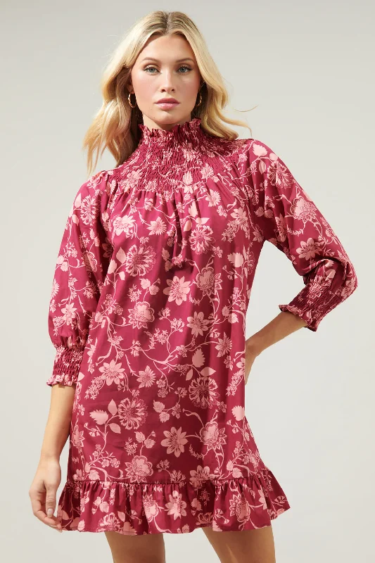 Mulberry Floral Bossie Smocked Yoke Mini Dress Stylish Short-Sleeve Mini Dress