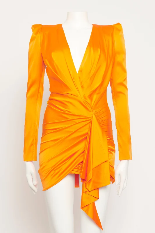 Orange Silk Blend Preowned Draped Mini Dress Elegant Floral-Print Mini Dress
