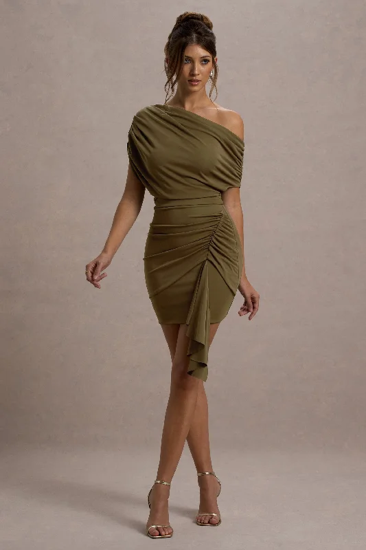 Osmanthus | Khaki Asymmetric Draped Mini Dress Casual Mini Dress with Pockets