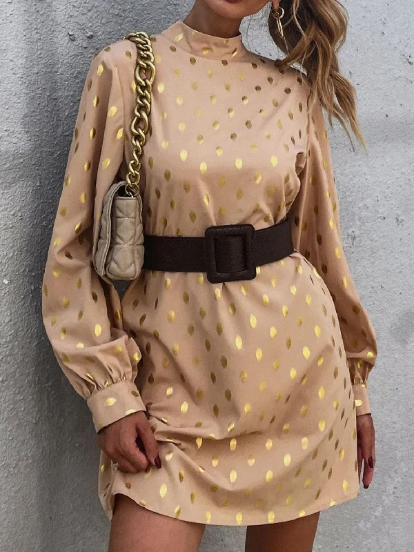 Printed Mock Neck Long Sleeve Mini Dress Casual Button-Up Mini Dress