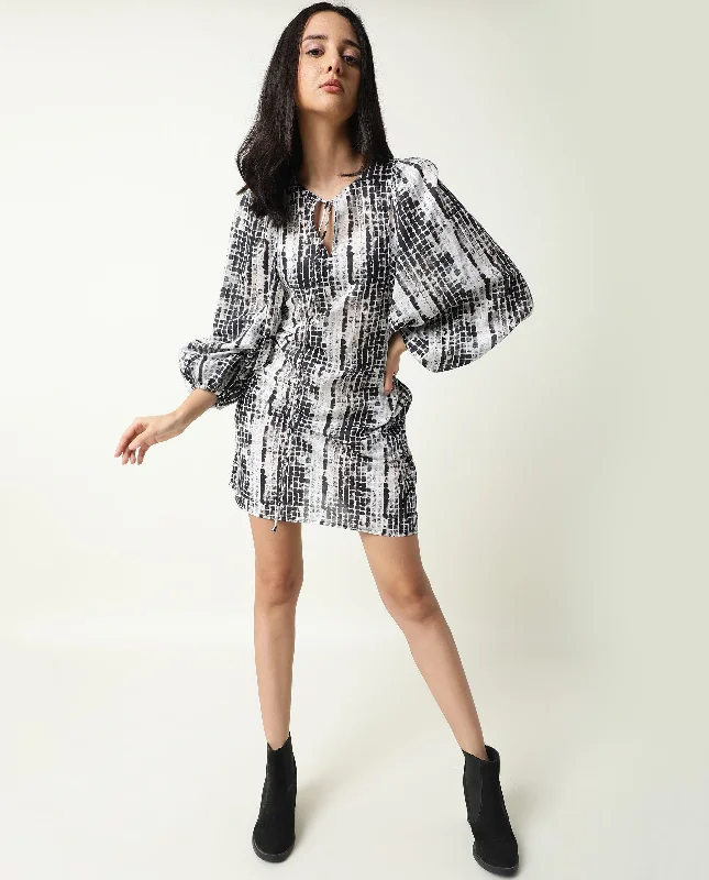 Rareism Women Ragi Black Printed Volume Sleeves Tie Up Neck With Pockets Mini Dress Elegant Lace Mini Dress