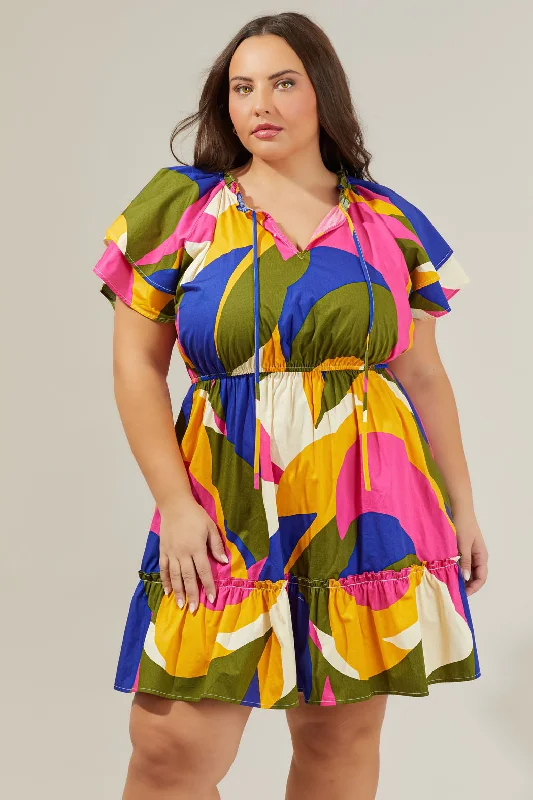 Rio Abstract Riley Poplin Short Sleeve Mini Dress Curve Fashionable Party Mini Dress