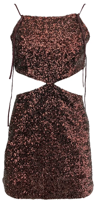 rokh Cut-Out Mini Dress in Brown Spangle Comfortable Boho Mini Dress