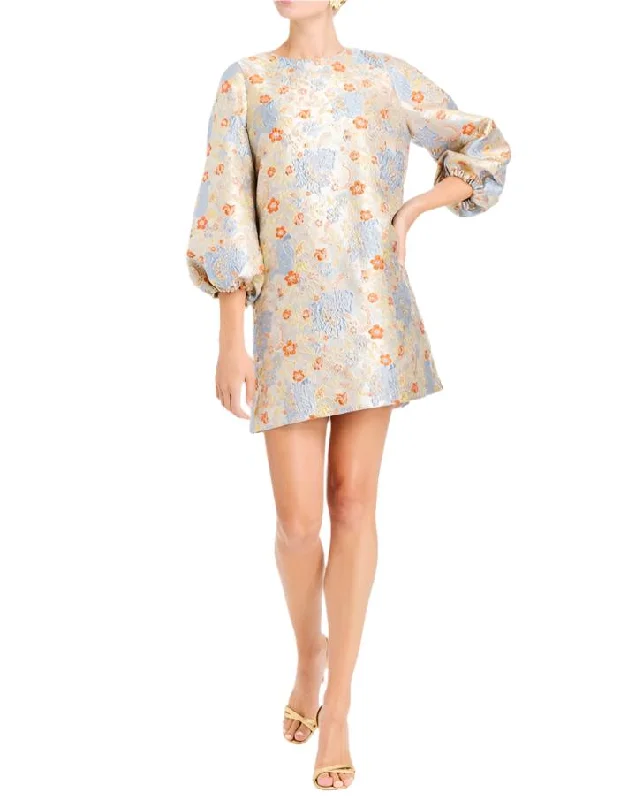 Rosanna Mini Dress in Champagne/Blue Jacquard Elegant Satin Mini Dress