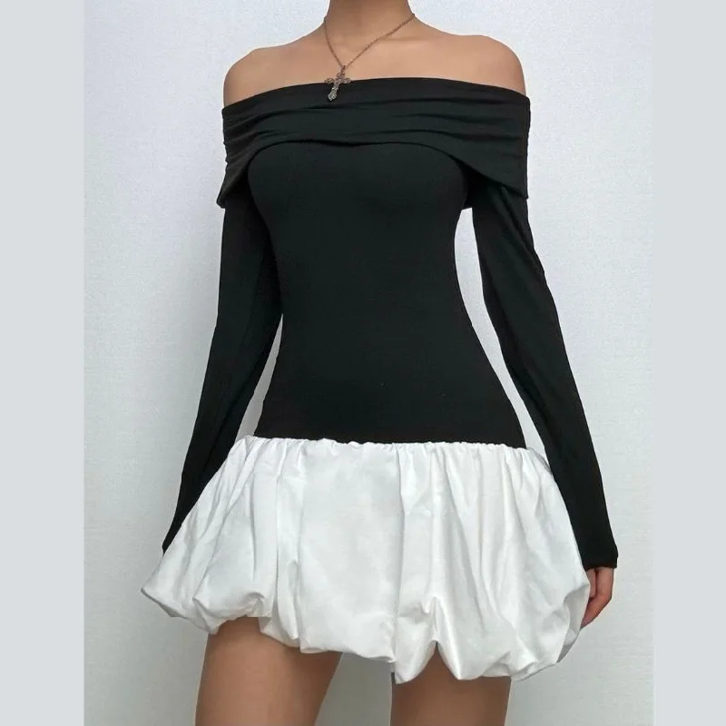 Ruched long sleeve off shoulder contrast mini dress Trendy Cut-Out Mini Dress