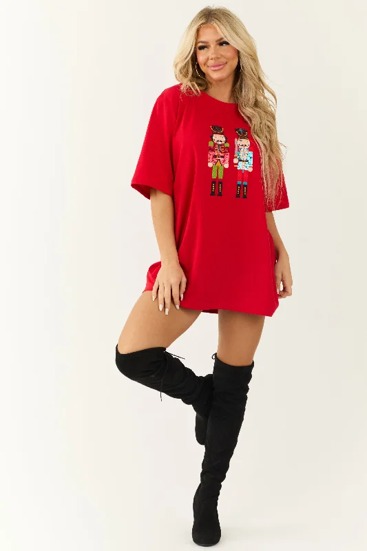 Scarlet Nutcracker Sequin Tee Shirt Mini Dress Stylish Short Sleeve Mini Dress