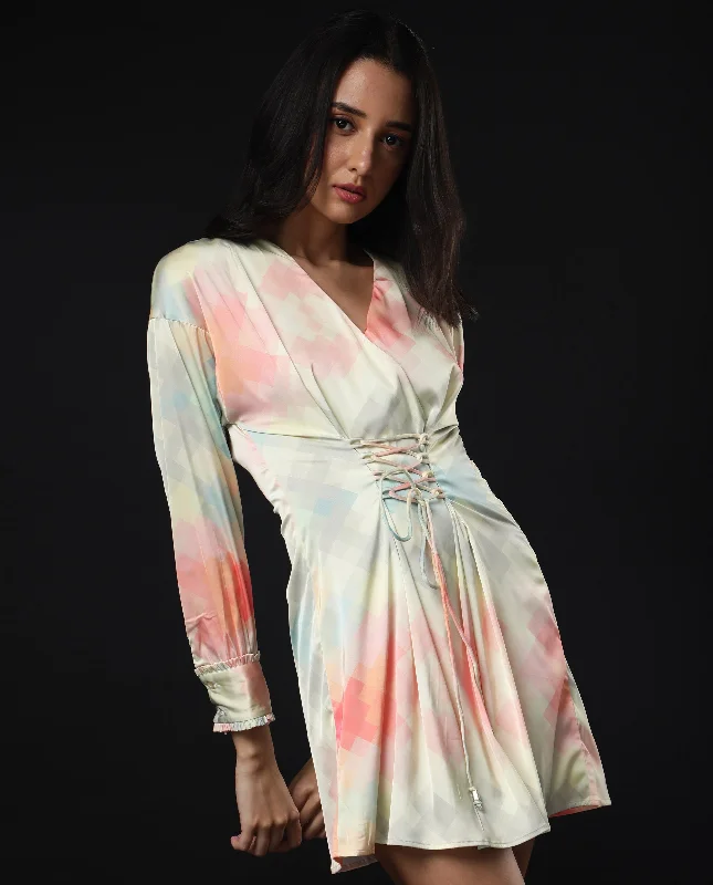 Rareism Women Seattle Off White Abstract Overlap V Neck With Criss Cross Tie Up Waist And Full Sleeves Cuff Mini Dress Stylish Ribbed Mini Dress Rareism Women Seattle Off White Abstract Overlap V Neck With Criss Cross Tie Up Waist And Full Sleeves Cuff Mini Dress Stylish Ribbed Mini Dress