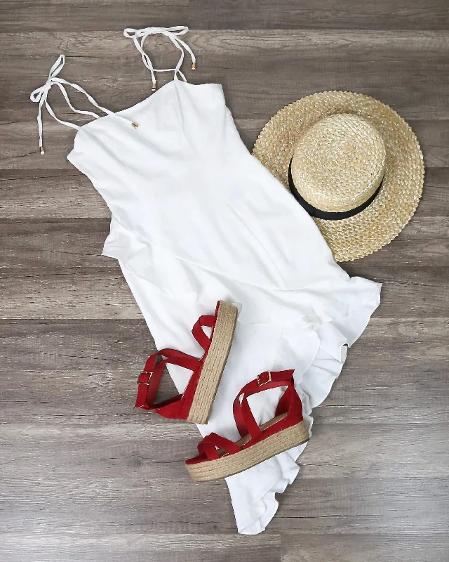 Self Tie Asymmetrical Ruffle Trim Bodycon Mini Dress in White Cozy T-Shirt Mini Dress