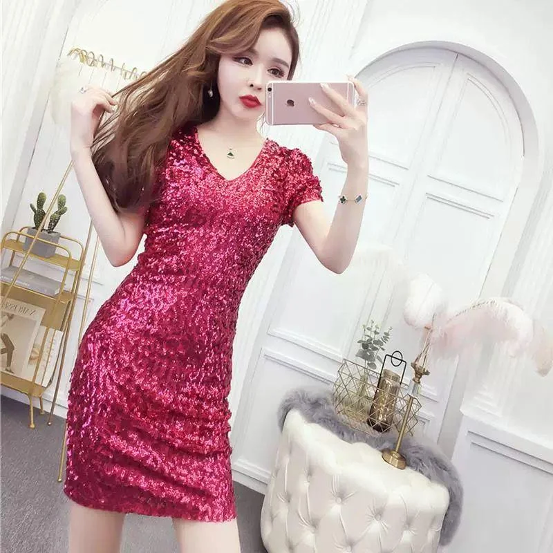 Sexy Women V Ncek Solid Sequined Glitter Stitching Shining Sheath Long Sleeved Mini Dress for Female Comfortable Smocked Mini Dress
