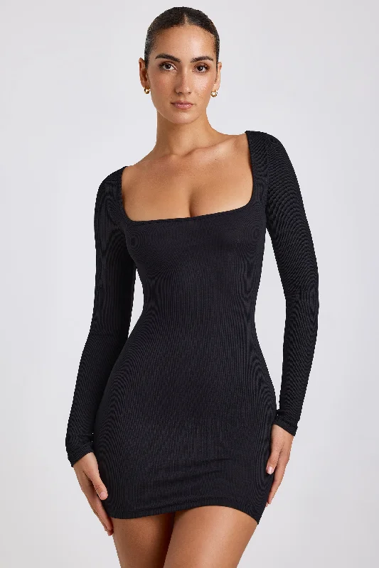 Ribbed Modal Long Sleeve Mini Dress in Black Trendy Camisole Mini Dress