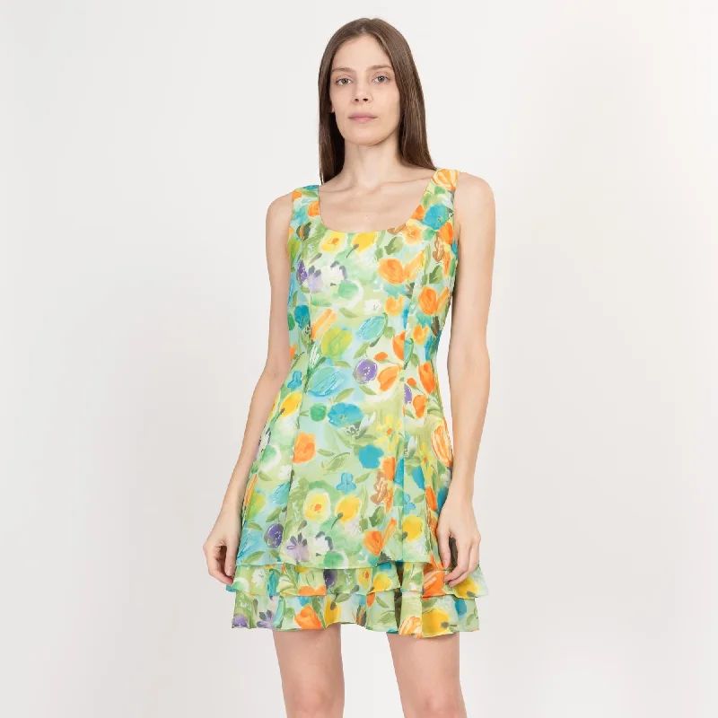 Small 90s Green Watercolor Floral Tiered Skirt Mini Dress Fashionable Mini Dress with Frills Small 90s Green Watercolor Floral Tiered Skirt Mini Dress Fashionable Mini Dress with Frills