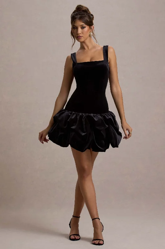 Sutton | Black Velvet Square-Neck Ruffle-Hem Mini Dress Elegant Lace Mini Dress