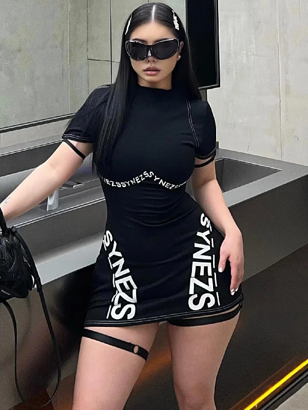 SYNEZ Graphic Letter Print Slim Black Mini Dress Classic Floral Print Mini Dress