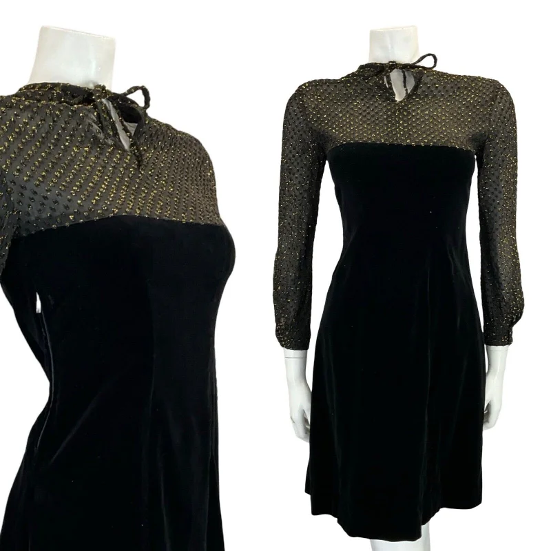 VTG 60S 70S BLACK VELVET MESH GOLD POLKA DOT EVENING PARTY KEYHOLE MINI DRESS 8 Elegant Lace Mini Dress