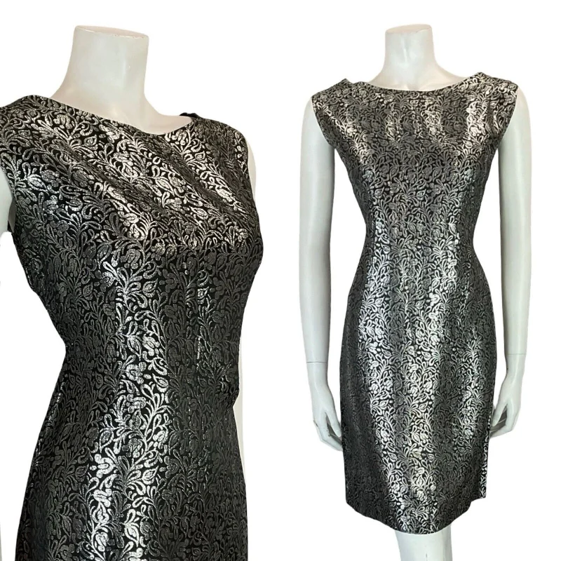 VTG 60S MOD BLACK SILVER FLORAL SHINY PARTY SLEEVELESS MINI DRESS SIZE 14 16 Trendy Crossover Mini Dress VTG 60S MOD BLACK SILVER FLORAL SHINY PARTY SLEEVELESS MINI DRESS SIZE 14 16 Trendy Crossover Mini Dress