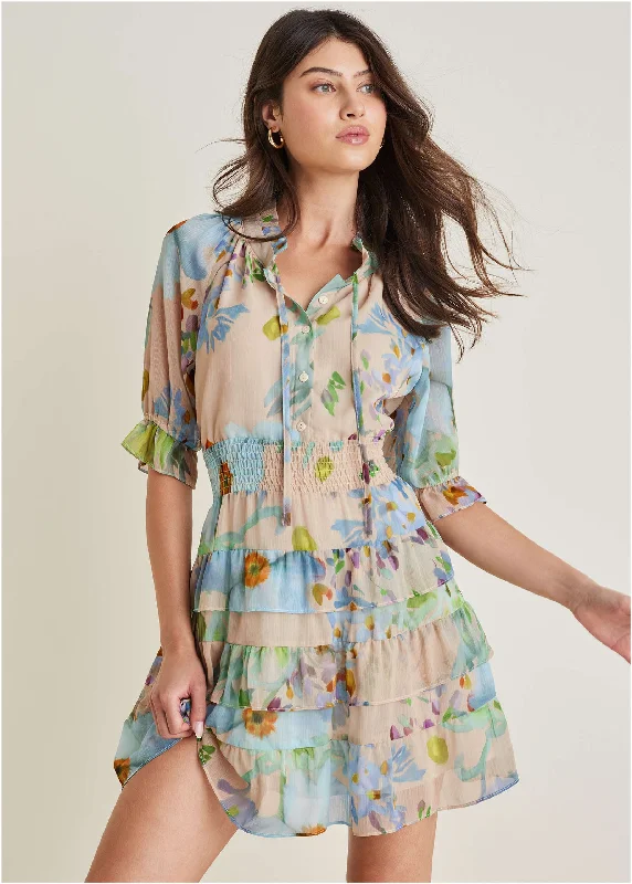 Tiered Ruffle Mini Dress - Coquette Bouquet Stylish Plaid Mini Dress