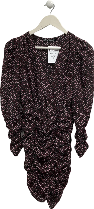 ZARA Black Ruched Heart Print Mini Dress UK XS Chic Sleeveless Mini Dress