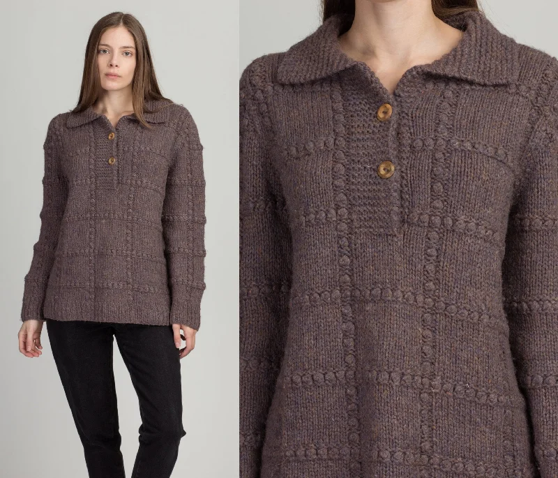70s Collared Mauve Knit Sweater - Men's Medium, Women's Large Ribbed Striped Patterned 70s Collared Mauve Knit Sweater - Men's Medium, Women's Large Ribbed Striped Patterned