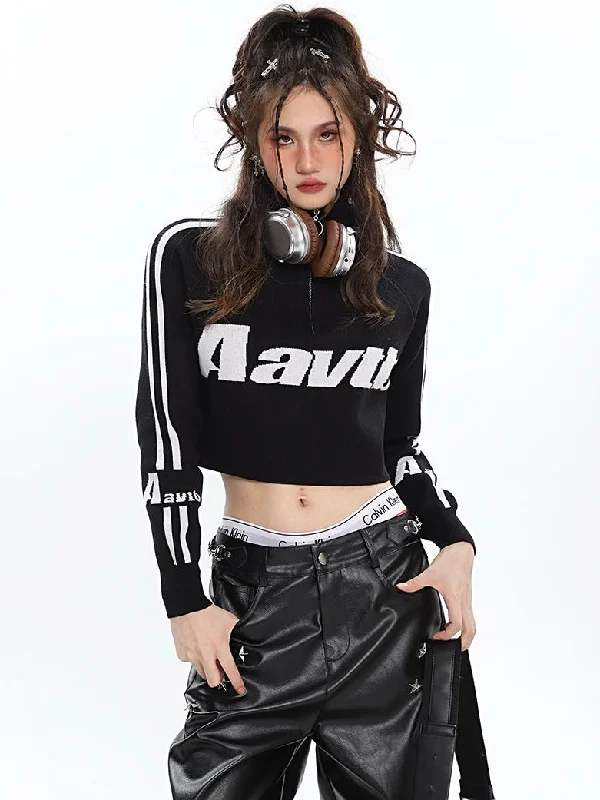 Aavtb Graphic Letter Long Sleeve Knitted Cropped Sweater Top Striped Floral Plaid
