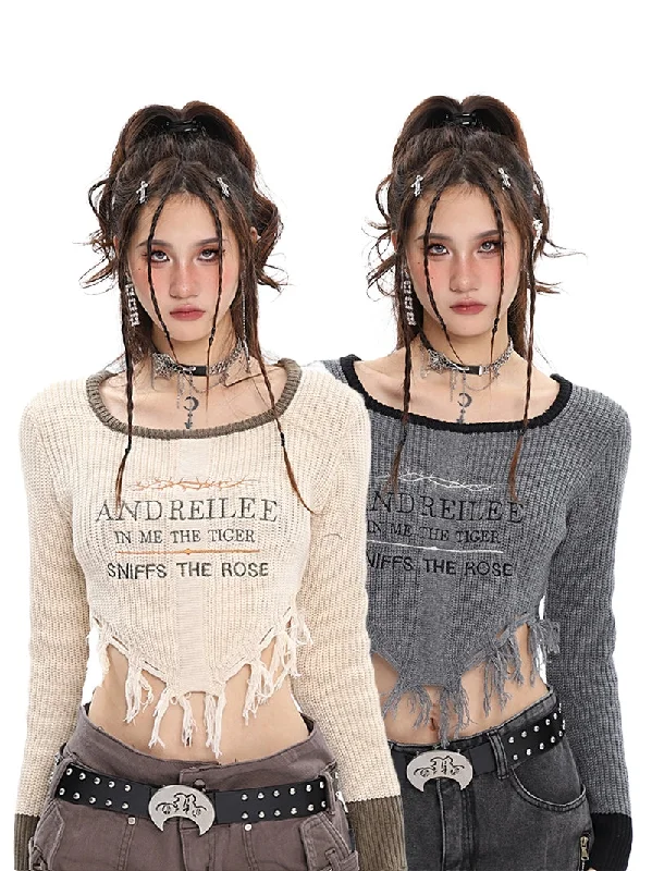 ANDREILEE Letter Embroidery Distressed Tassel Long Sleeve Cropped Sweater Top Boat Neck Shawl Collar Notched Collar ANDREILEE Letter Embroidery Distressed Tassel Long Sleeve Cropped Sweater Top Boat Neck Shawl Collar Notched Collar