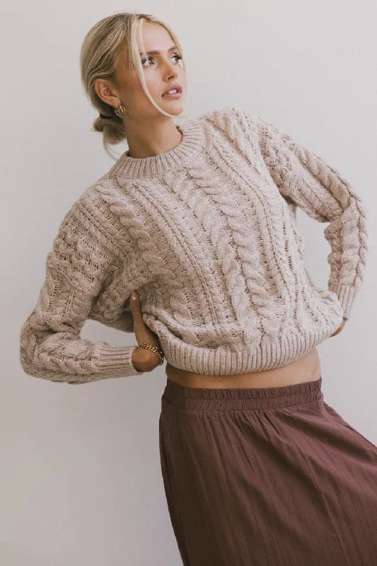 Annie Cable Knit Sweater in Taupe Chenille Blend Fleece Blend Nylon Blend