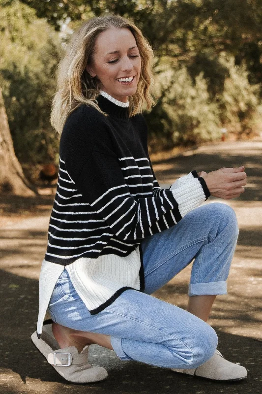 Benedict Stripe Knit Sweater | Black + Cream Boat Neck Shawl Collar Notched Collar