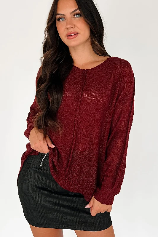 Boyer Lightweight Sweater Top (Burgundy) Front Pockets Side Pockets Patch Pockets