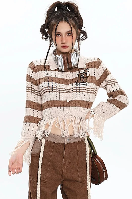 BStar Stripe Long Sleeve Tassel Cropped Button Up Knitted Sweater Top Welt Pockets Slit Pockets Flap Pockets BStar Stripe Long Sleeve Tassel Cropped Button Up Knitted Sweater Top Welt Pockets Slit Pockets Flap Pockets