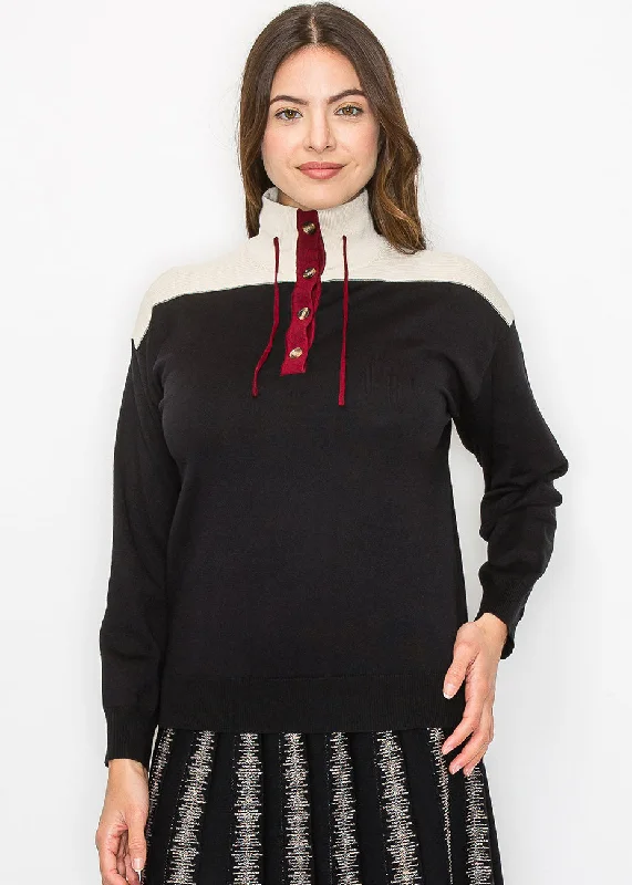 Colorblock Mock Neck Sweater Print Jacquard Patchwork