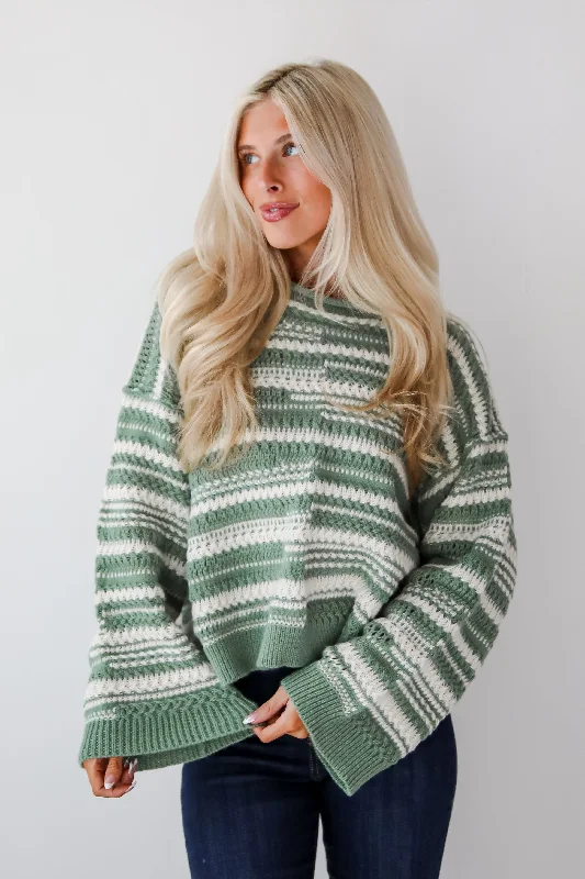 Cozy Conclusion Green Striped Sweater Tailored Straight A-Line