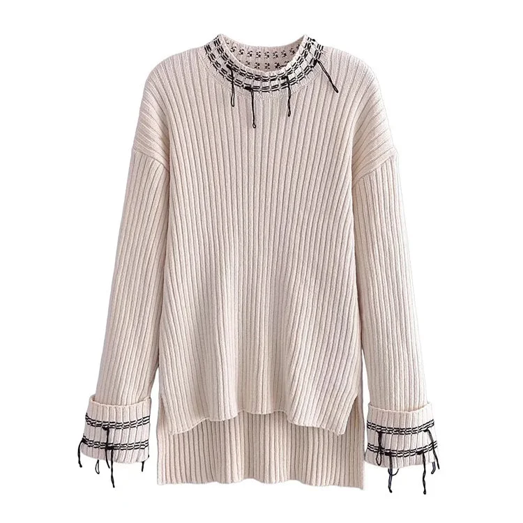 Crew neck curled sleeve stitched decorative sweater 7304 Machine Wash Dry Clean Hand Wash Crew neck curled sleeve stitched decorative sweater 7304 Machine Wash Dry Clean Hand Wash