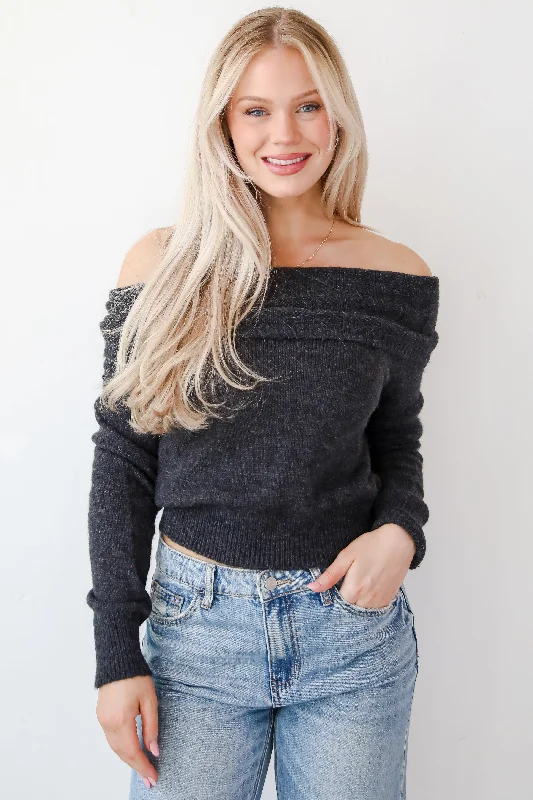 Dazzling Coziness Charcoal Off-The-Shoulder Sweater - DOORBUSTER Hooded Caped Shawl Collar Dazzling Coziness Charcoal Off-The-Shoulder Sweater - DOORBUSTER Hooded Caped Shawl Collar