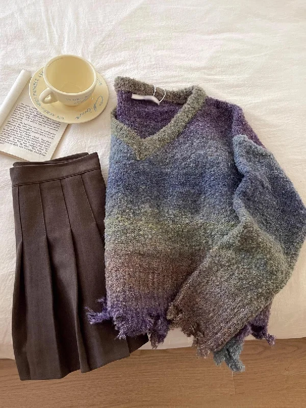 Designed gradient sweater V-neck long-sleeved knitted top     S4775 Wool Fabric Cashmere Fabric Tweed Fabric