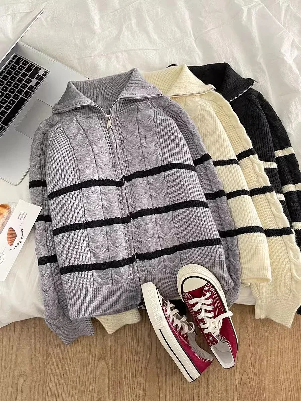 double zipper casual striped sweater jacket S4772 Wool Fabric Cashmere Fabric Tweed Fabric double zipper casual striped sweater jacket S4772 Wool Fabric Cashmere Fabric Tweed Fabric