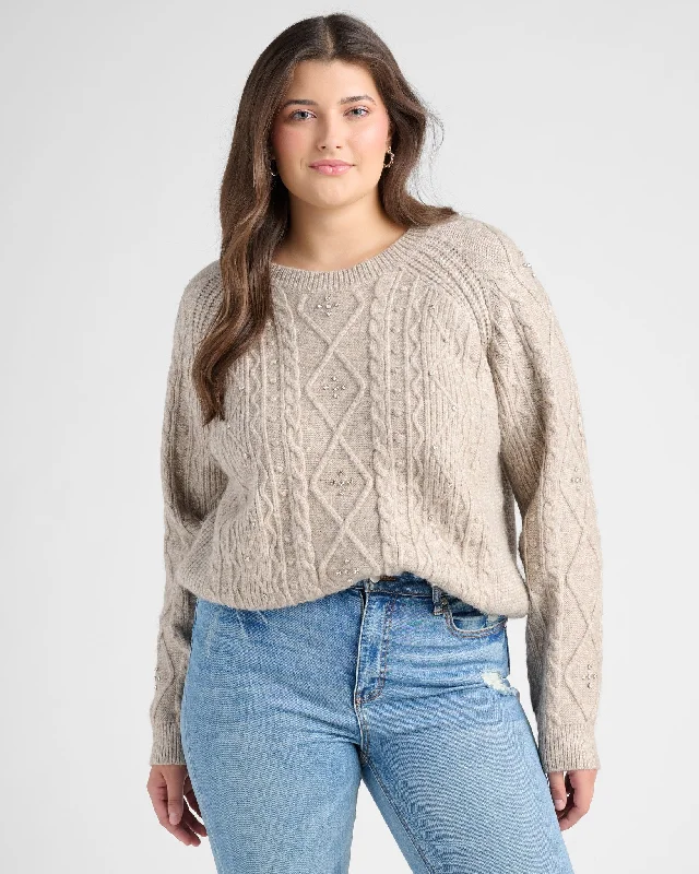 Plus Size Embellished Cable Crew Sweater Front Pockets Side Pockets Patch Pockets