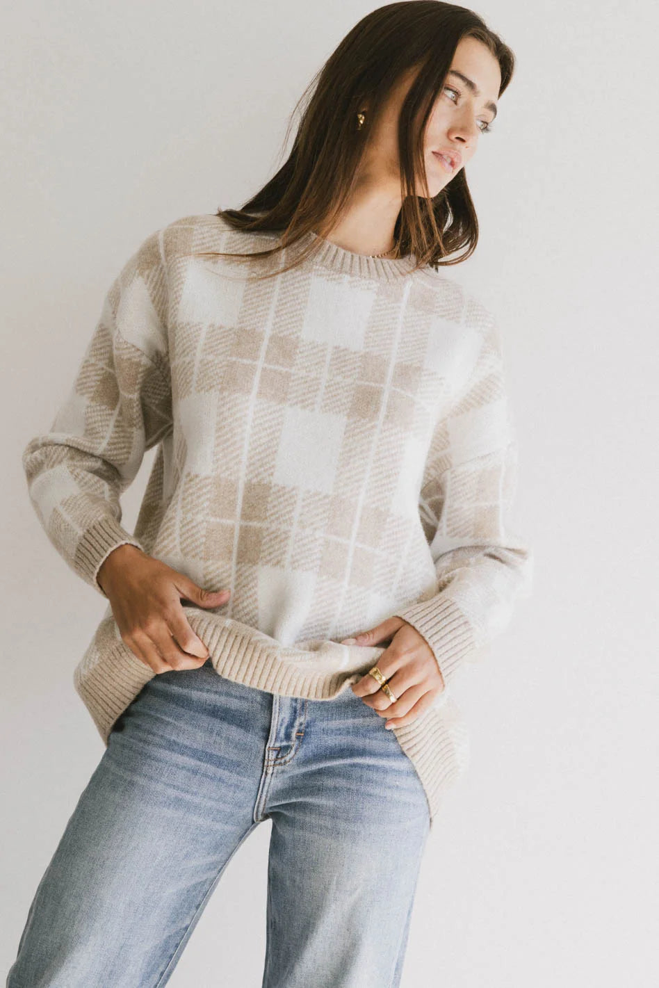Emilee Plaid Sweater Embroidered Appliqued Beaded