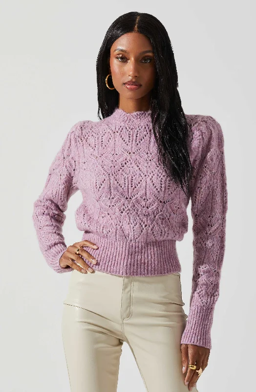 Evy Puff Sleeve Pointelle Sweater Casual Formal Business