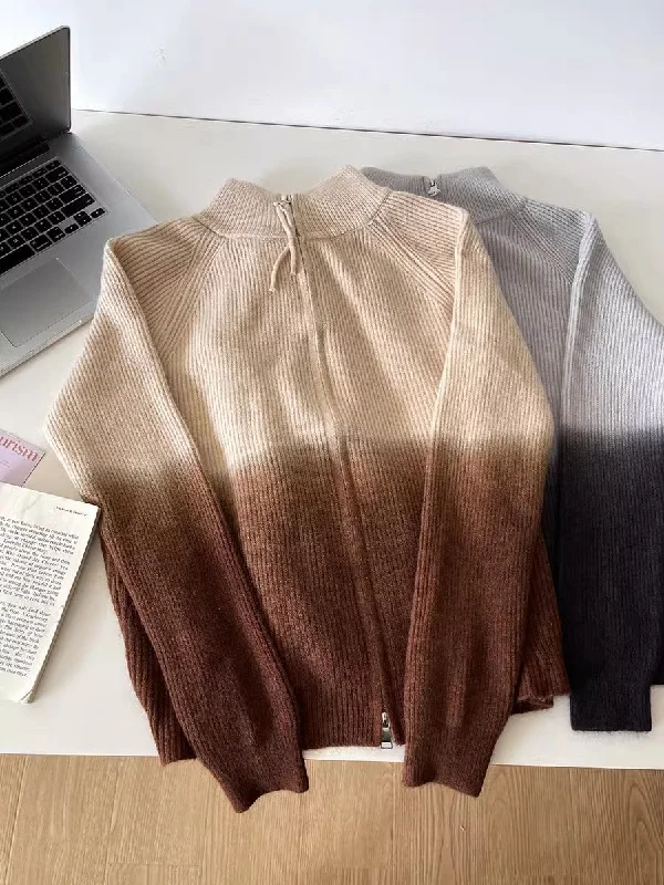 gradient design double zipper long-sleeved sweater jacket S4747 Oversized Loose Flowy gradient design double zipper long-sleeved sweater jacket S4747 Oversized Loose Flowy