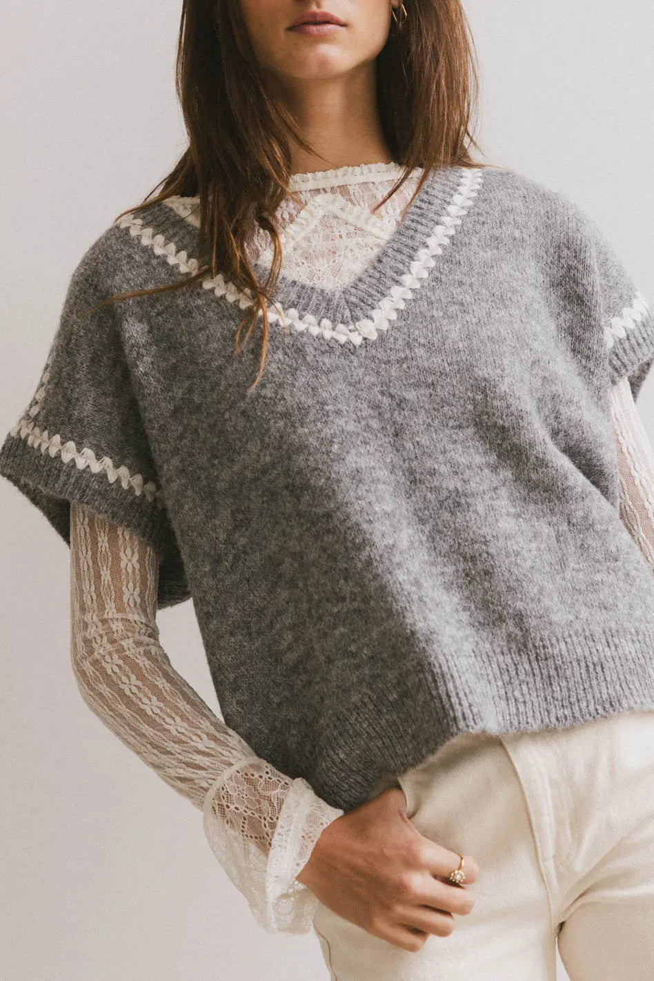 Hazel Embroidered Sweater Top in Grey Anti-Pilling Anti-Shrink Durable