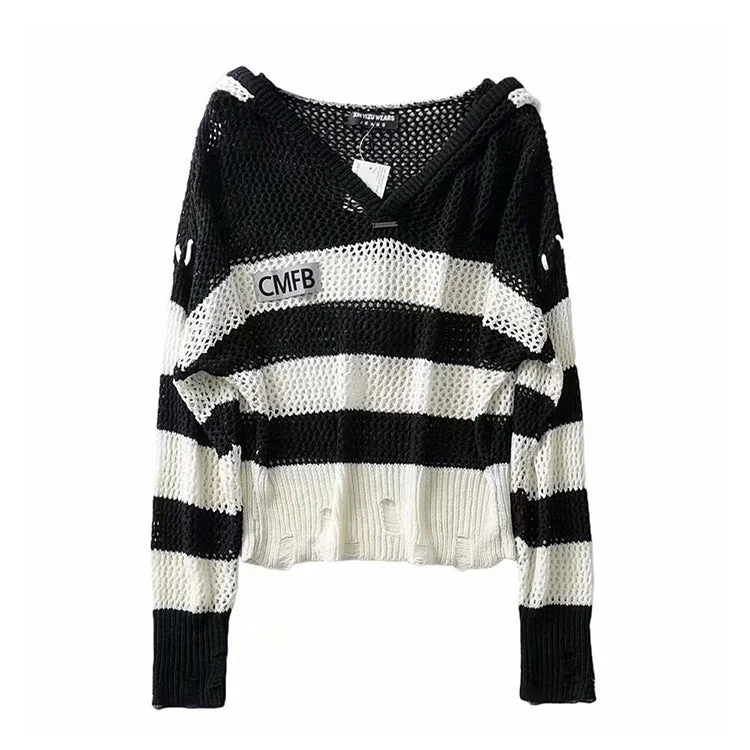 Hong Kong Style Vintage stripe hollowed out design Hooded Sweater 7280 Spandex Blend Rayon Blend Denim Blend Hong Kong Style Vintage stripe hollowed out design Hooded Sweater 7280 Spandex Blend Rayon Blend Denim Blend