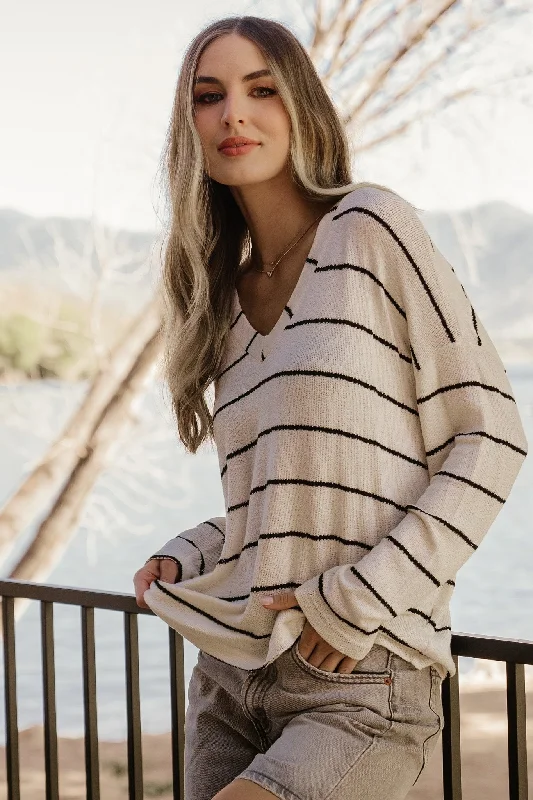 Houston Relaxed Sweater Top | Ivory Stripe Beaded Sweater Sequined Faux Fur