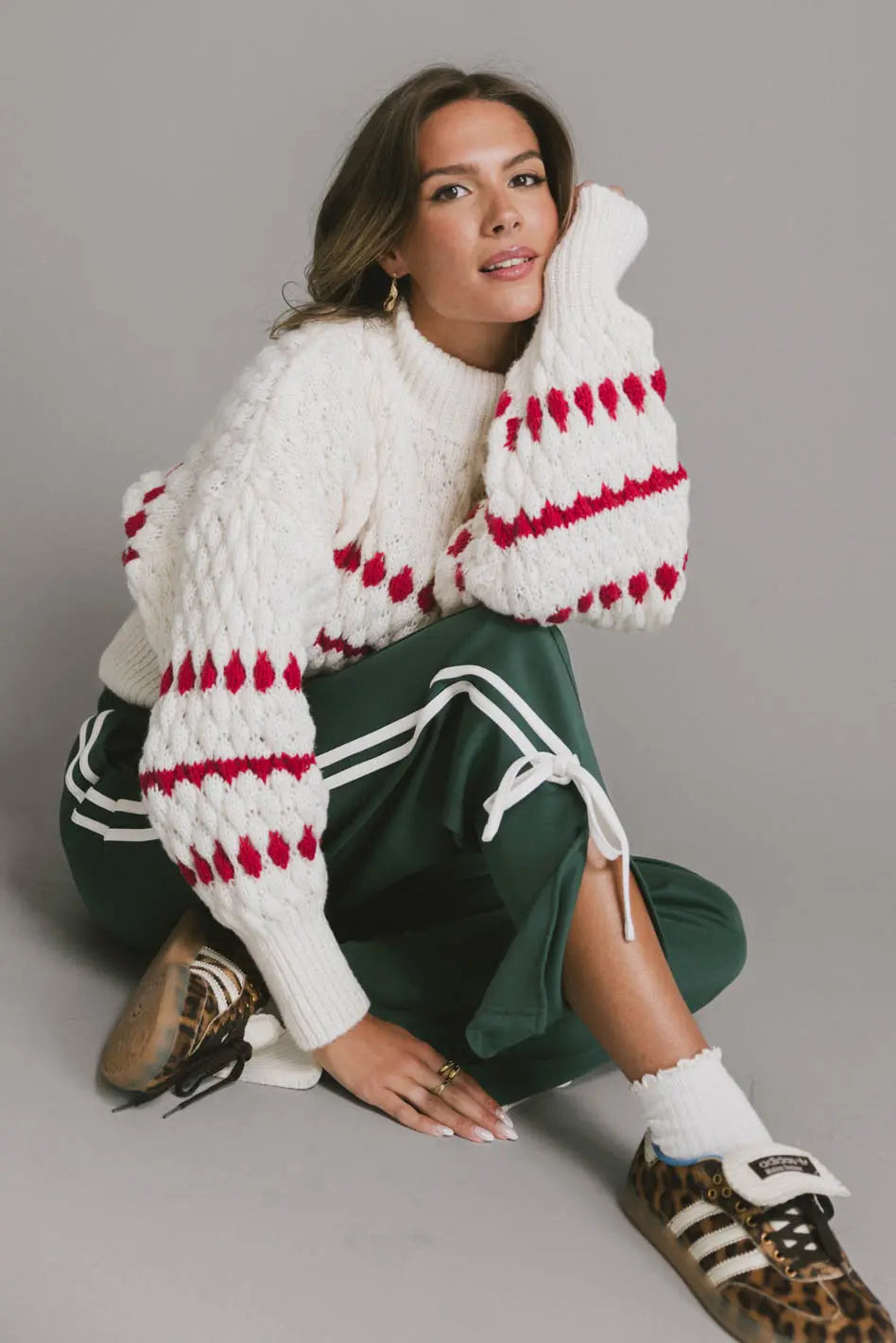 Inara Knit Sweater in Red Boat Neck Shawl Collar Notched Collar
